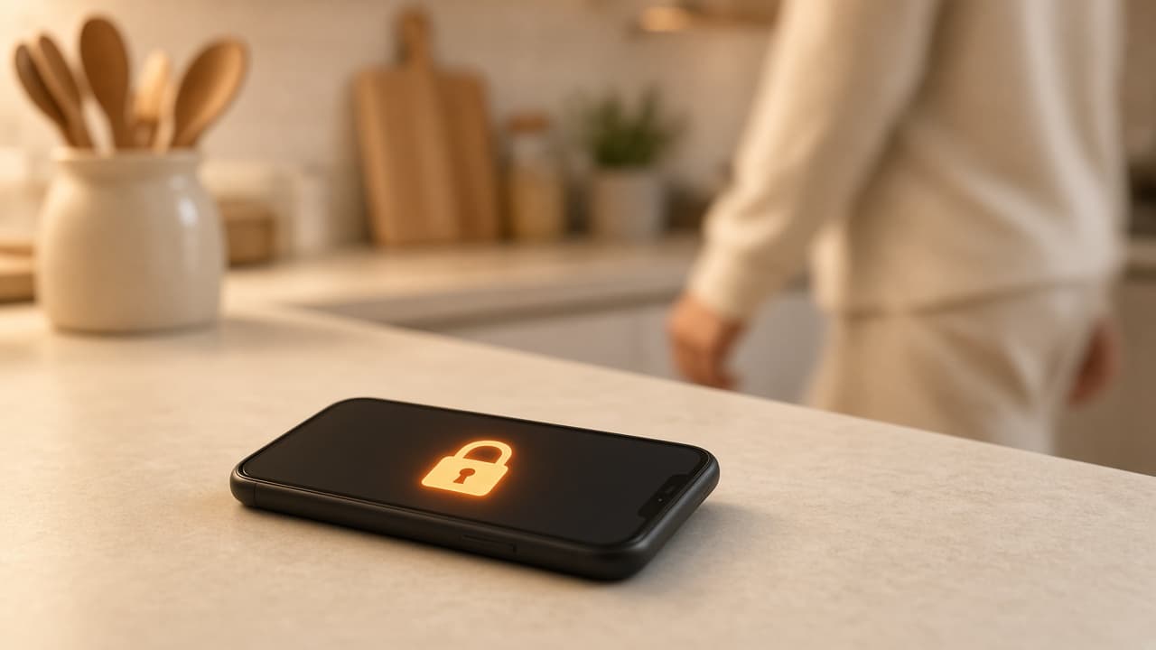 A phone left on a counter while someone walks past