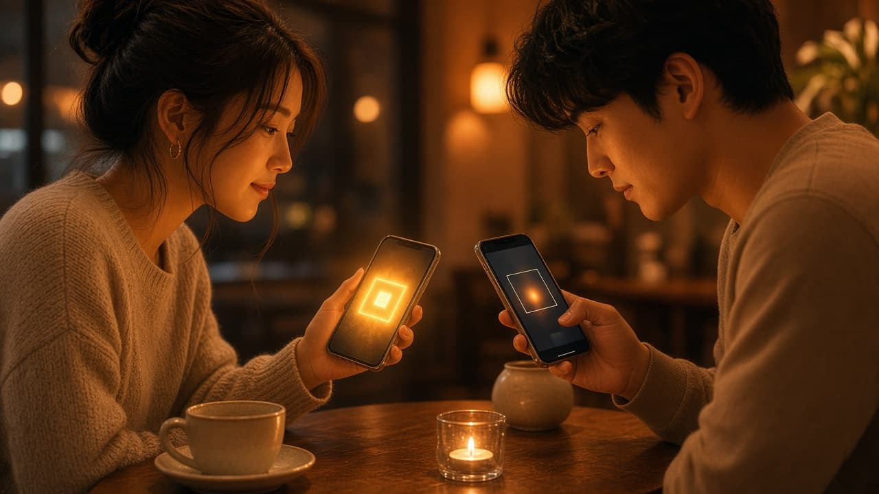 Two people connecting phones across a cafe table