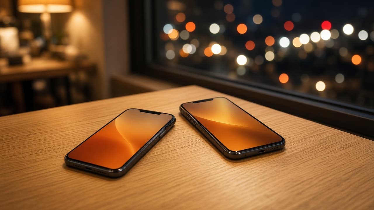 Two phones on a cafe table with a warm private glow